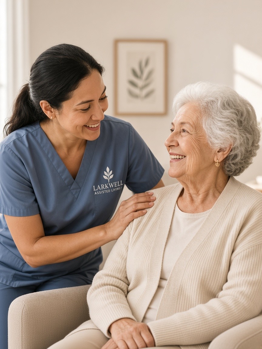 A caregiver sharing a warm moment with an older resident